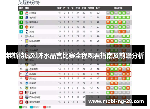 莱斯特城对阵水晶宫比赛全程观看指南及前瞻分析